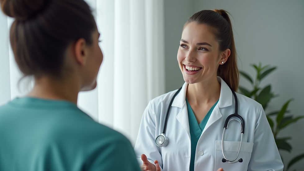 Eye-level view of a healthcare professional discussing weight loss options with a patient