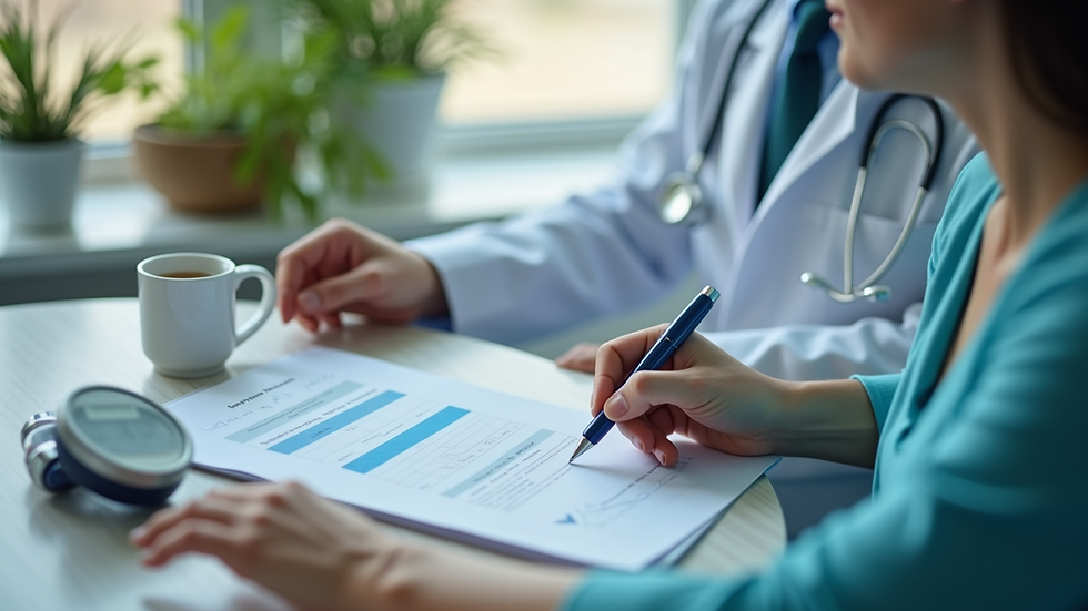 Close-up view of a healthcare provider explaining hormone therapy options to a patient