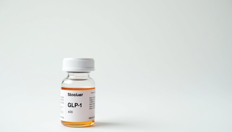 Close-up view of a medical vial labeled GLP-1 medication on a white surface