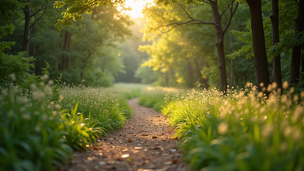 Wide angle view of a peaceful nature trail inviting a wellness walk