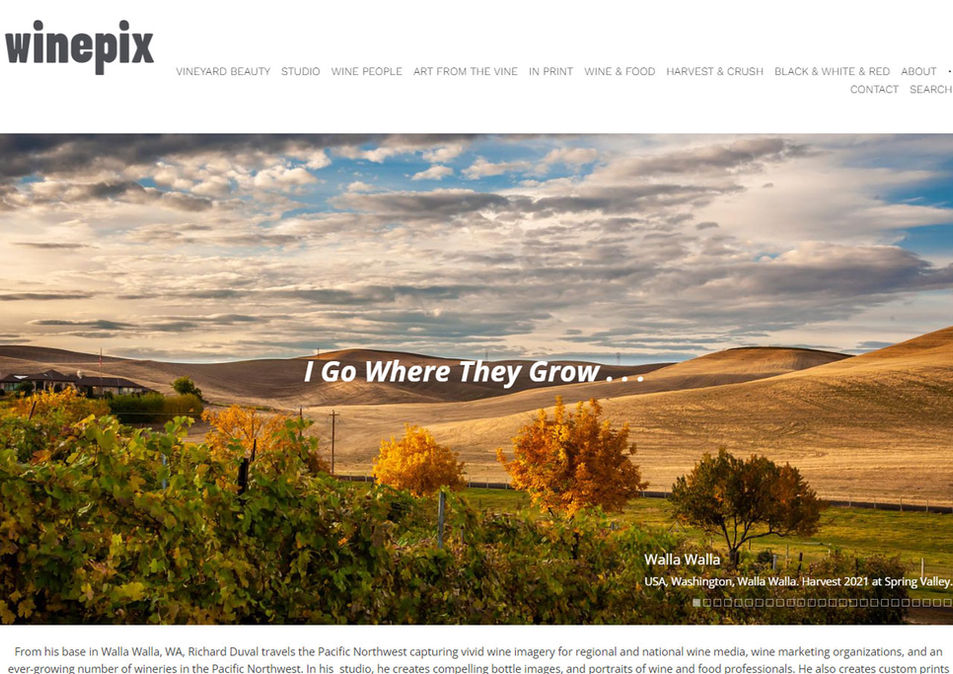 Photography website for renown wine photographer Richard Duval travels the Pacific Northwest capturing vivid wine imagery for regional and national wine media, wine marketing organizations and an expanding number of wineries.