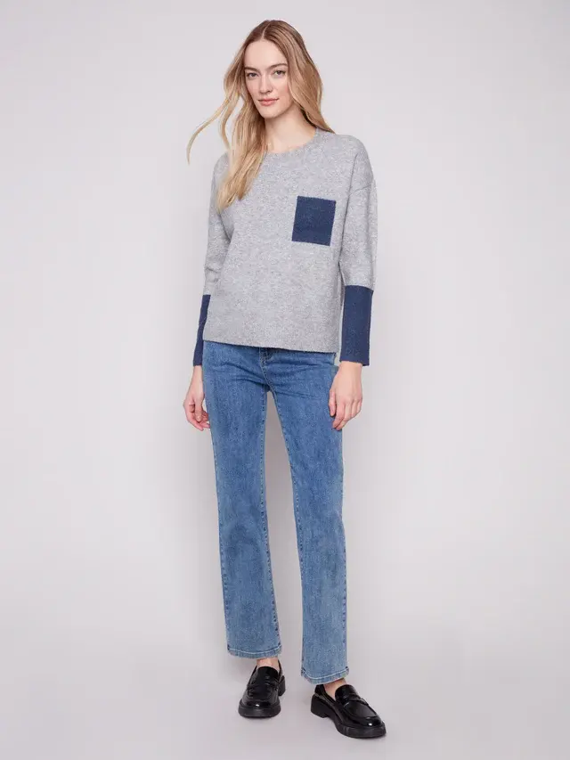 Thumbnail: Color Block Sweater W/Pocket Hthr Gry/Blue