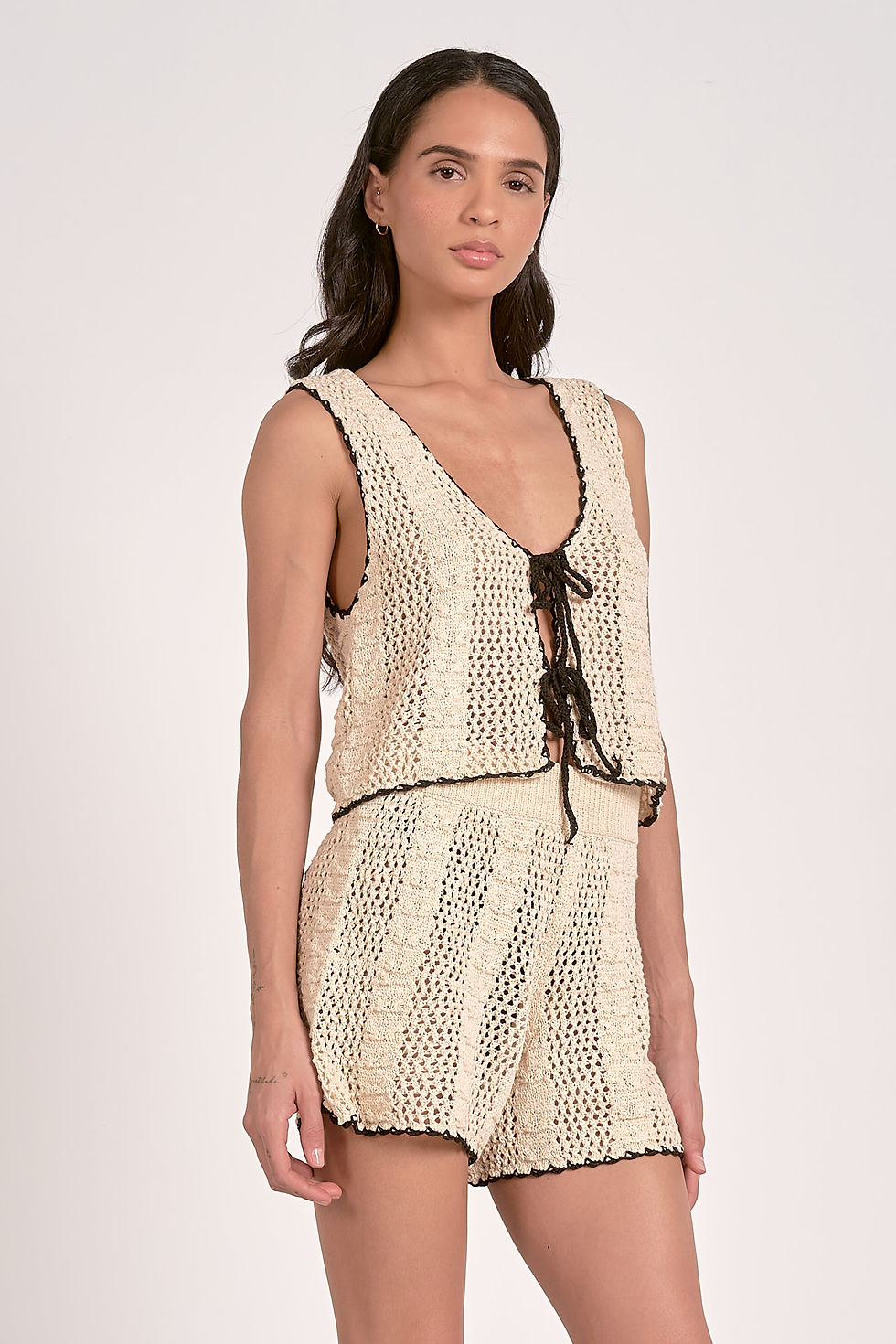 Thumbnail: Elan Crochet Tie Top, Natural w/ Black Border