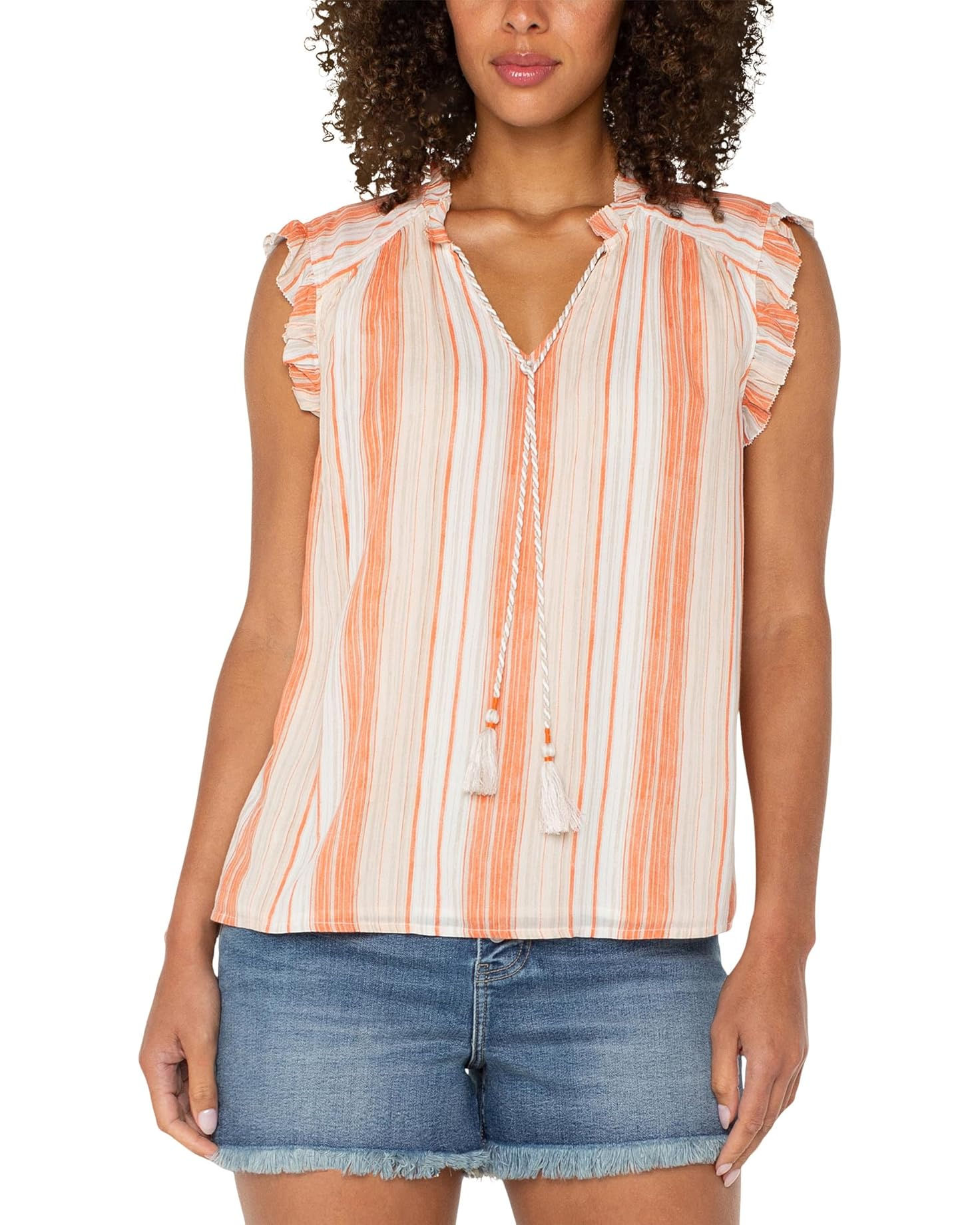 Flutter Slv Tie Neck Stripe Top Orange
