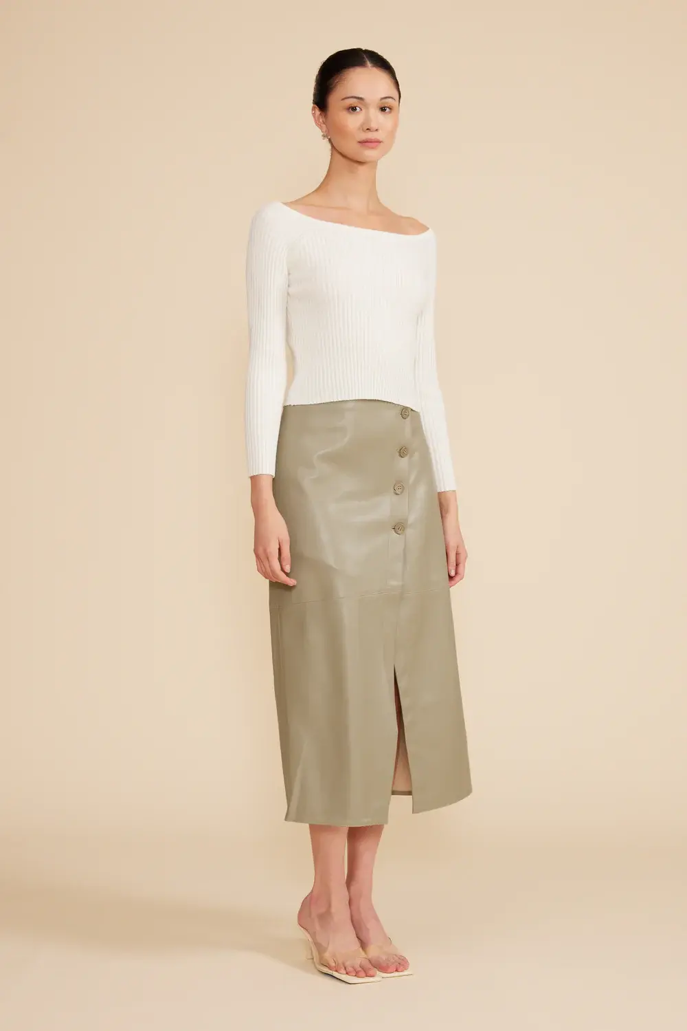 Francisco Faux Leather Midi Skirt - Sage by Lucy Paris