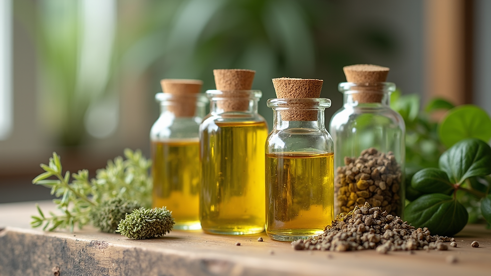 Eye-level view of glass jars filled with natural oils and herbs