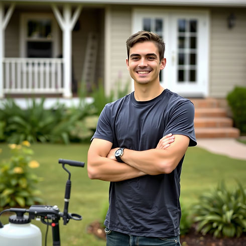 A young man smiling with his arms crossed in a yard outside of a house standing beside a s