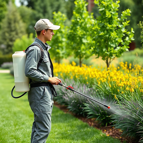 A young man in a one piece work uniform and a baseball cap with a backpack sprayer, standi