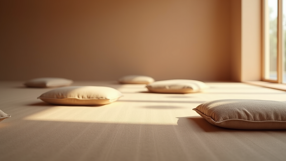 Eye-level view of a peaceful meditation space with cushions and soft lighting