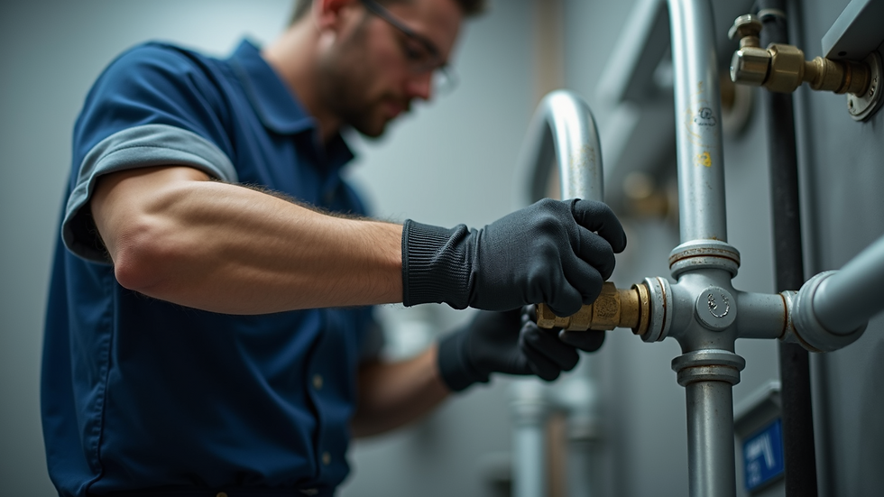 Close-up view of a plumber fixing a commercial water pipe