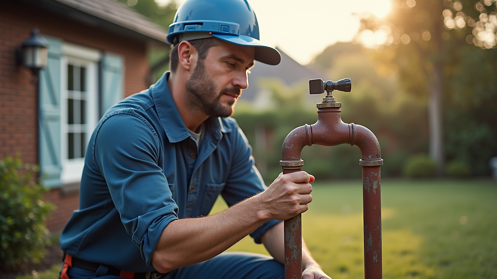Wide angle view of a plumber inspecting outdoor pipes near a residential home