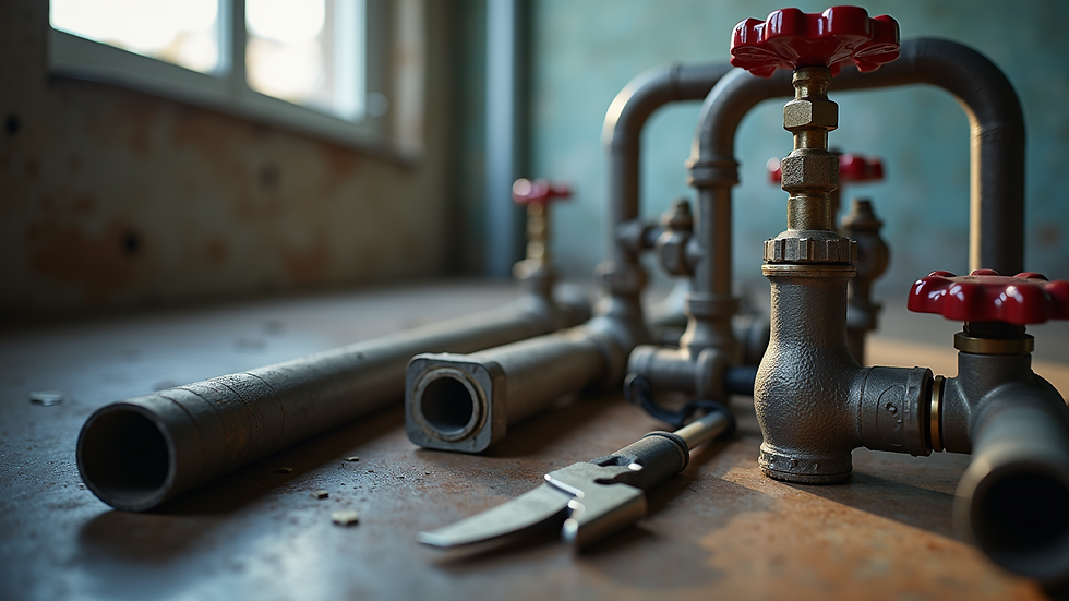 Close-up view of plumbing tools and pipes ready for installation