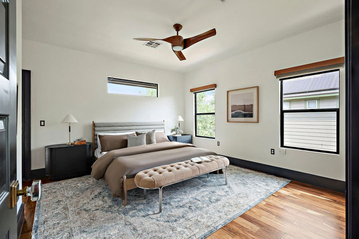 East Austin Residence II in East Austin, primary bedroom, staged by The Staged Haus