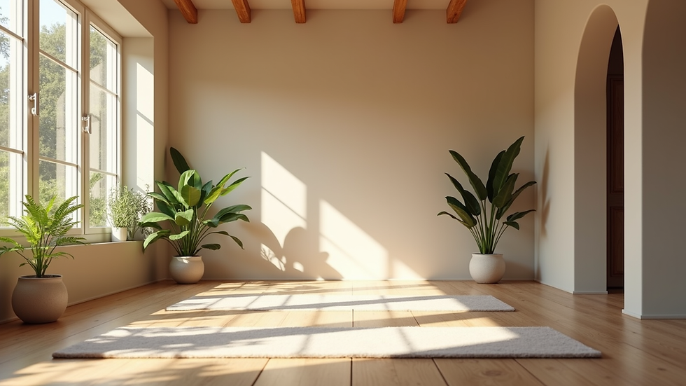 Eye-level view of a serene yoga studio with natural light and plants