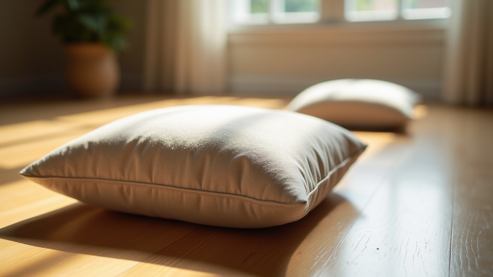 Close-up view of a meditation cushion placed on a wooden floor with soft natural light
