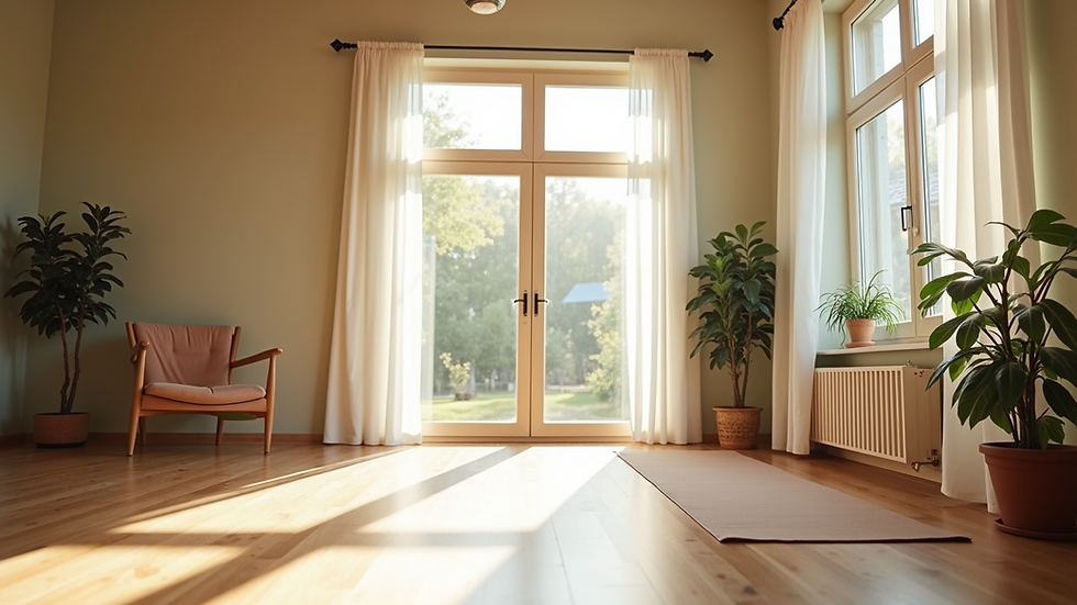 Eye-level view of a serene yoga studio with natural light and plants