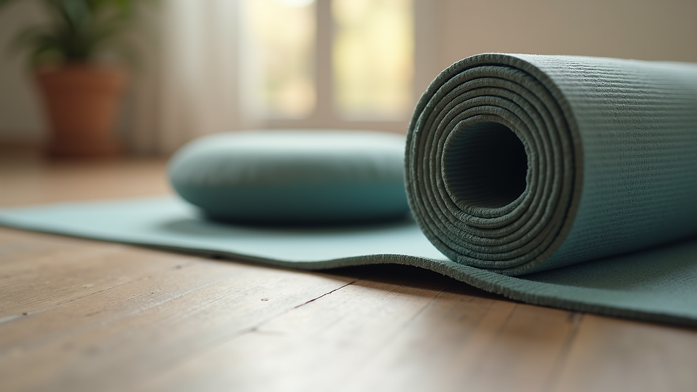 Eye-level view of yoga mat rolled beside a meditation cushion
