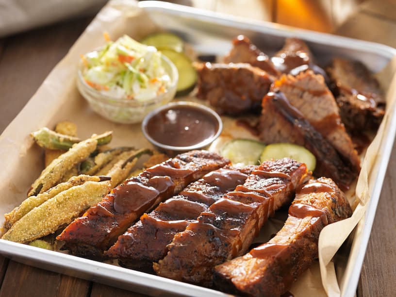 brisket served with coleslaw and veggies