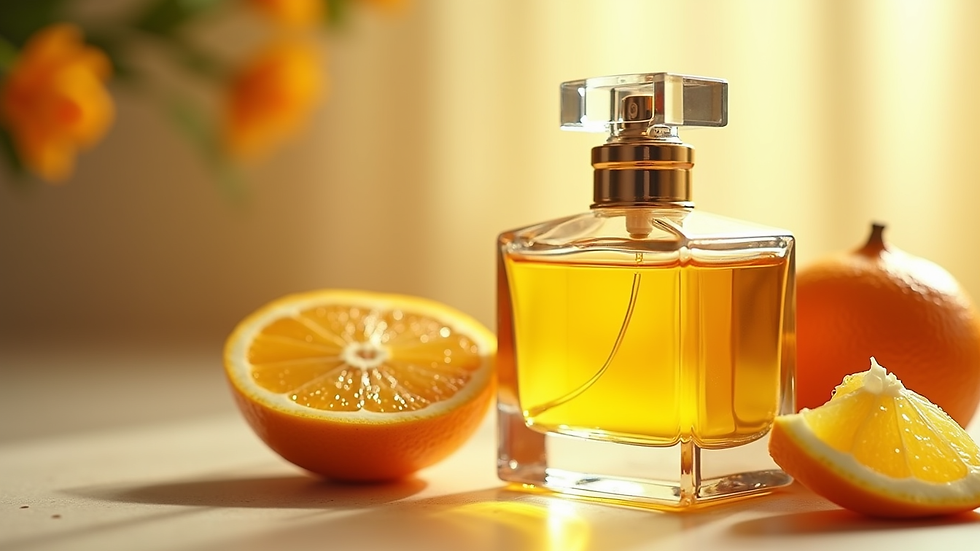 Close-up view of a perfume bottle with fresh citrus notes
