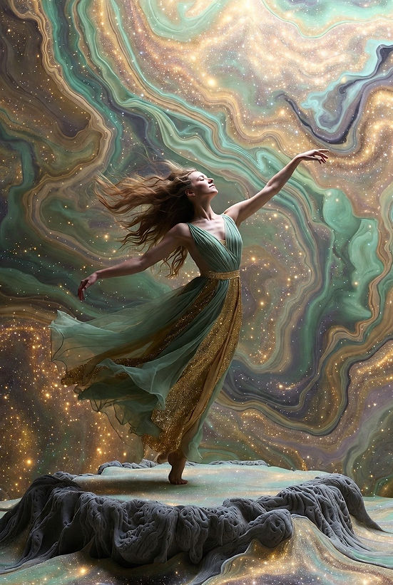 AI image of woman dancing in a cosmic scene of gold, greens and purples
