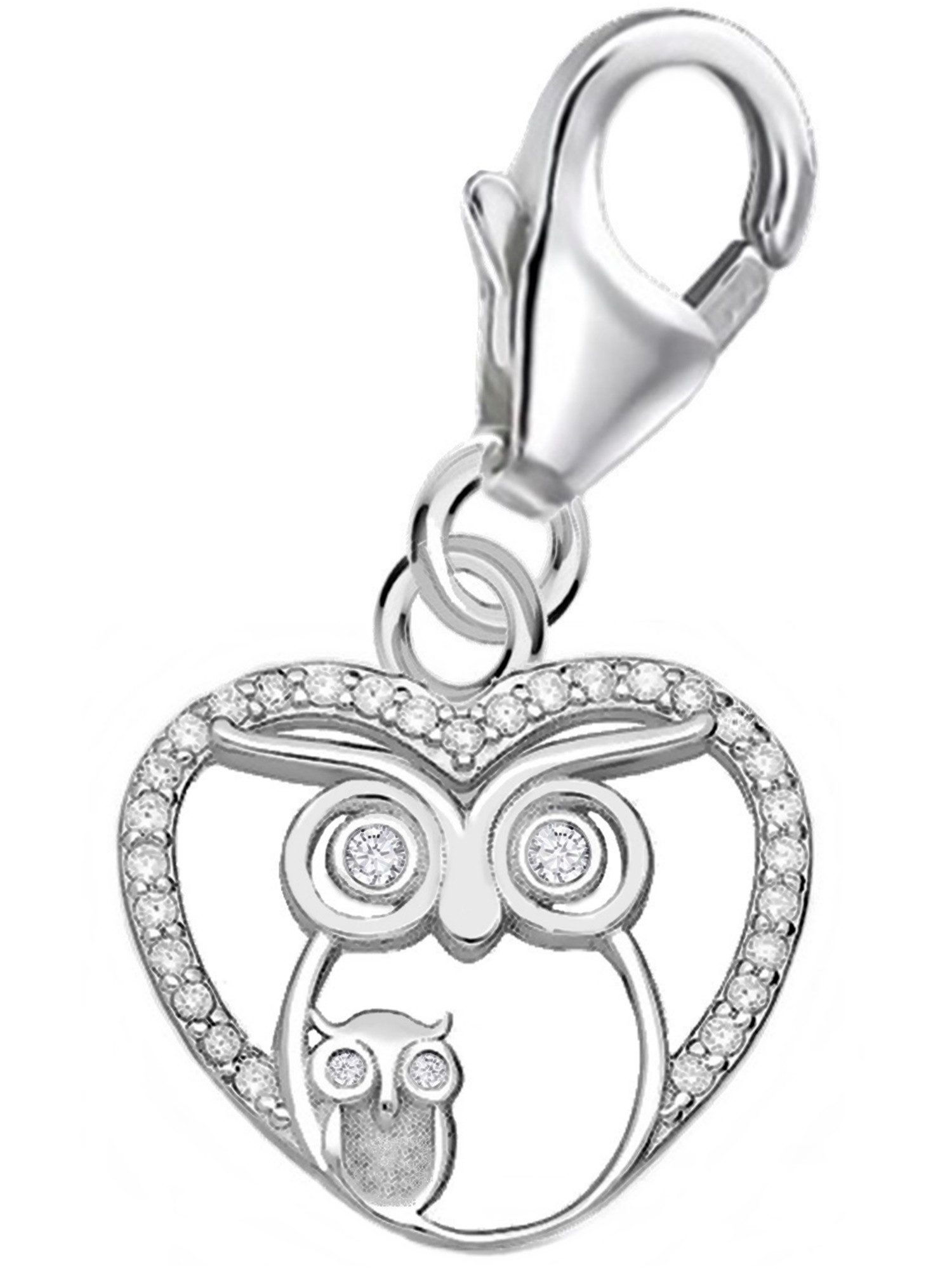 Charm Anhänger Eule Herz mit Zirkonia 925 Silber Vogel