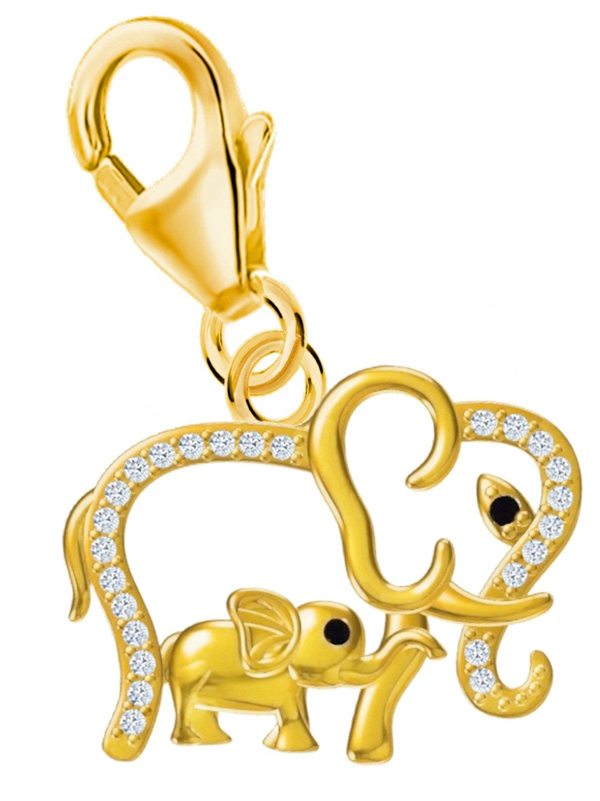 Goldener Elefanten Charm Anhänger Gold Elefant 925 Silber vergoldet mit goldenen Hufeisen