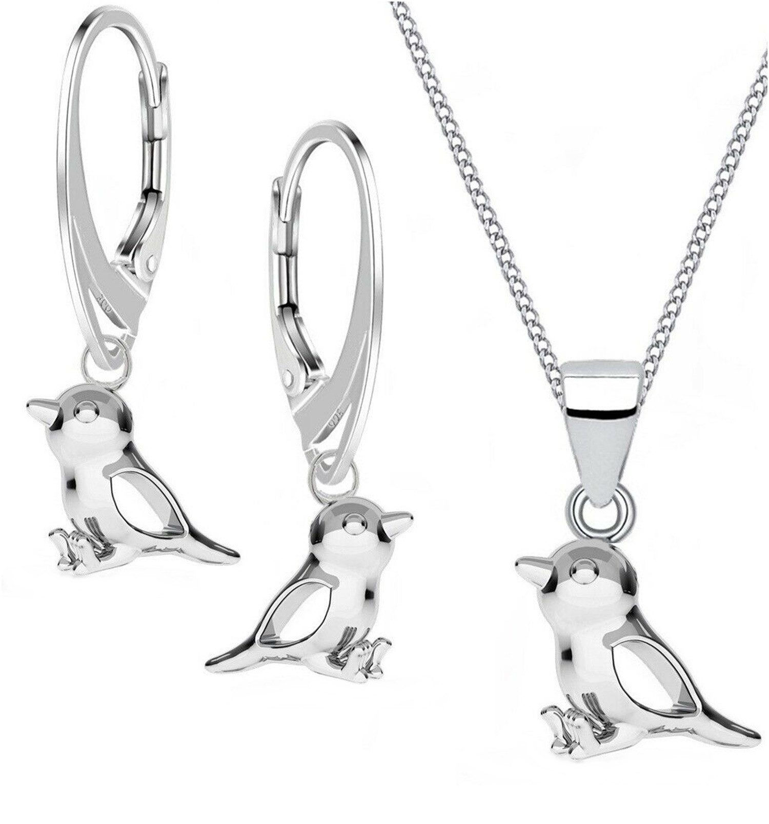 Ohrringe Silber mit Kette 925 Spatz Vogel Schmuckset
