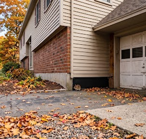 Field mouse approaching a home foundation and garage entryway among autumn leaves