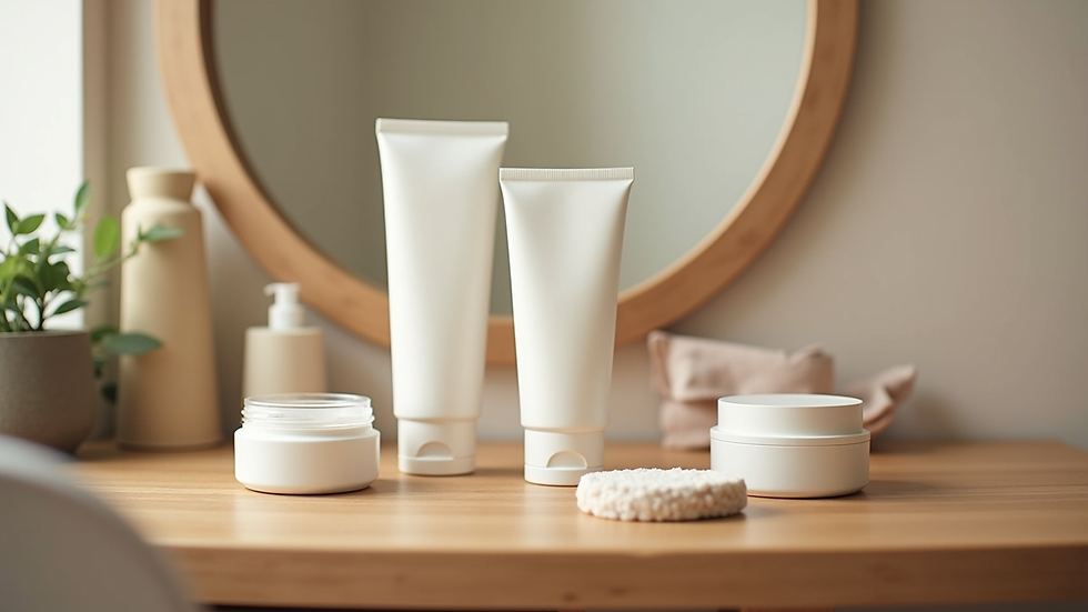 Eye-level view of neatly arranged skincare products on a wooden vanity