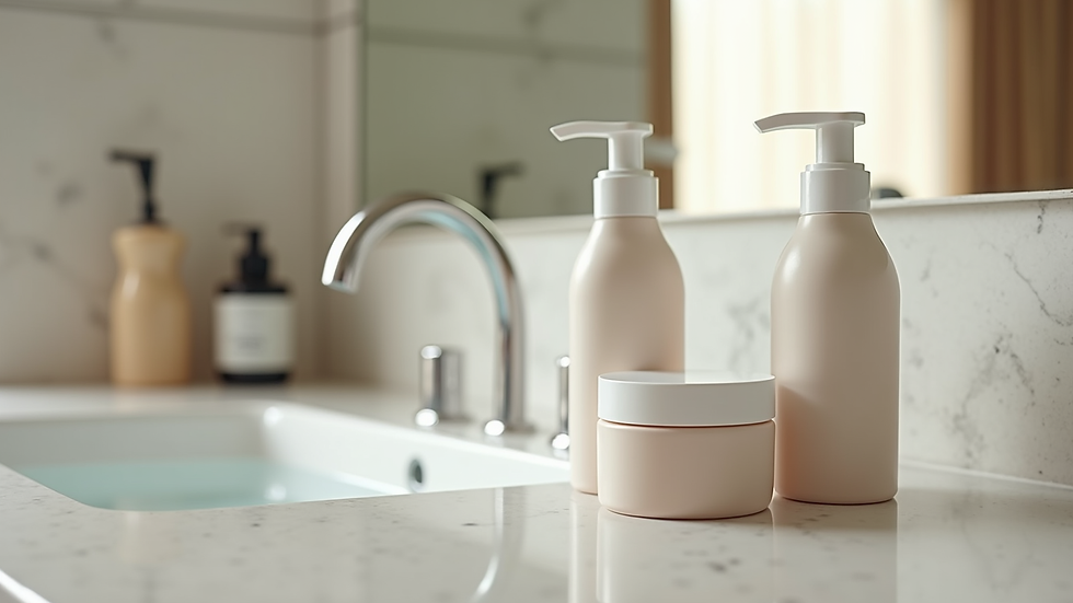 Eye-level view of skincare products arranged neatly on a bathroom counter