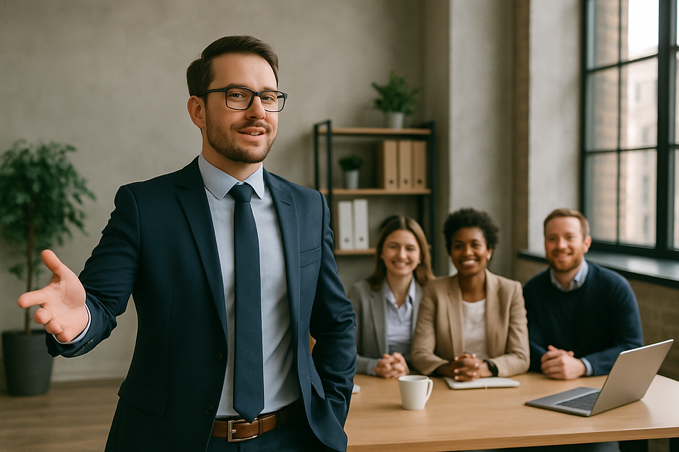 Man speaks in front of office in front of three colleagues
