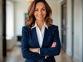 Valeria Quintini in a navy suit in front of an office background