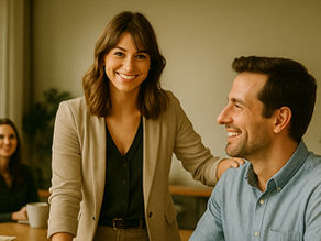 Woman showing trust to man in office setting, colleagues watching