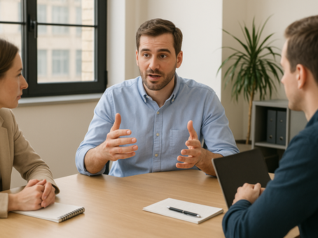 Man explaining to male and female coworker in an office