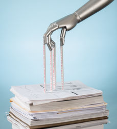 Robotic Hand analyzing scientific data, AI, research, numbers