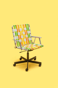 A combination office chair and lawn chair, nylon mesh on top, rolling base on the bottom, working from home