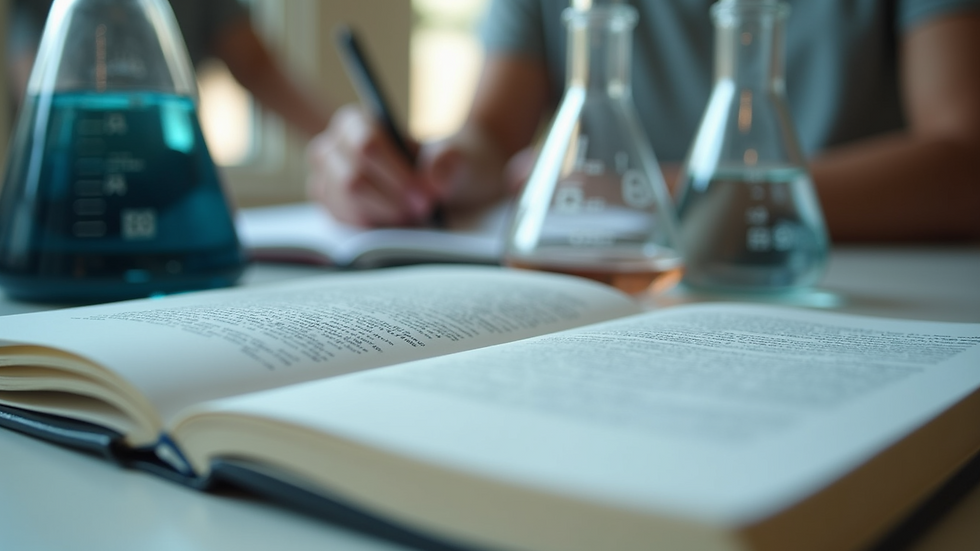 Close-up view of a chemistry textbook and notes on a study table