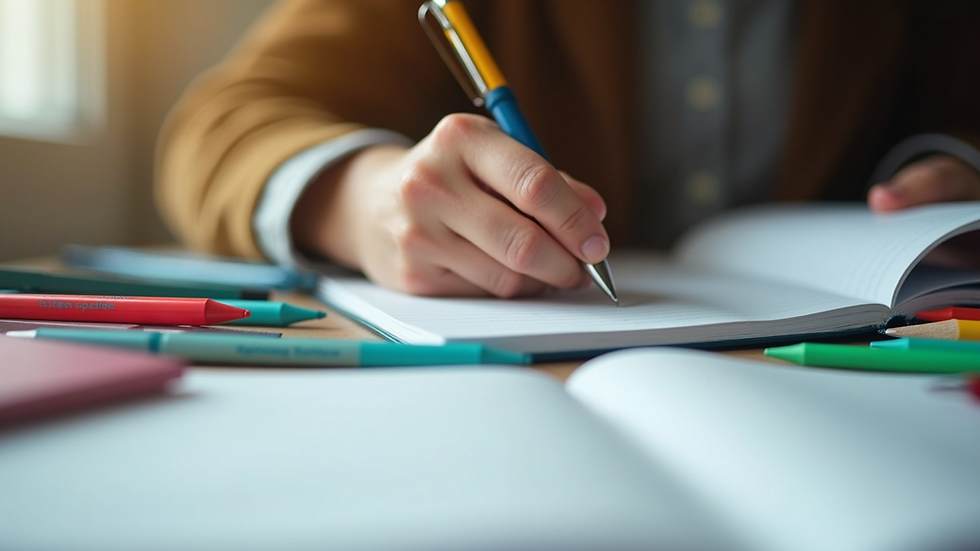 Eye-level view of a student writing notes with colorful pens and study materials