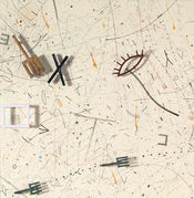 Man in the Middle, ink and watercolor on paper, dye on cast aluminum, enamel on steel, 49.