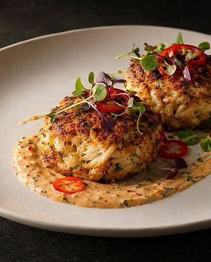 Two Dungeness crab cakes with Cajun remoulade and pickled Fresno chiles