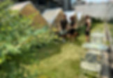 A lush green outdoor space at Campus X, featuring a vibrant lawn, modern wooden outdoor work pods, and seating areas for relaxation. In the background, three people are engaged in conversation, enjoying the open-air environment. The scene highlights Campus X’s commitment to integrating natural elements into the workspace, improving air quality, and providing recreational areas for employees.