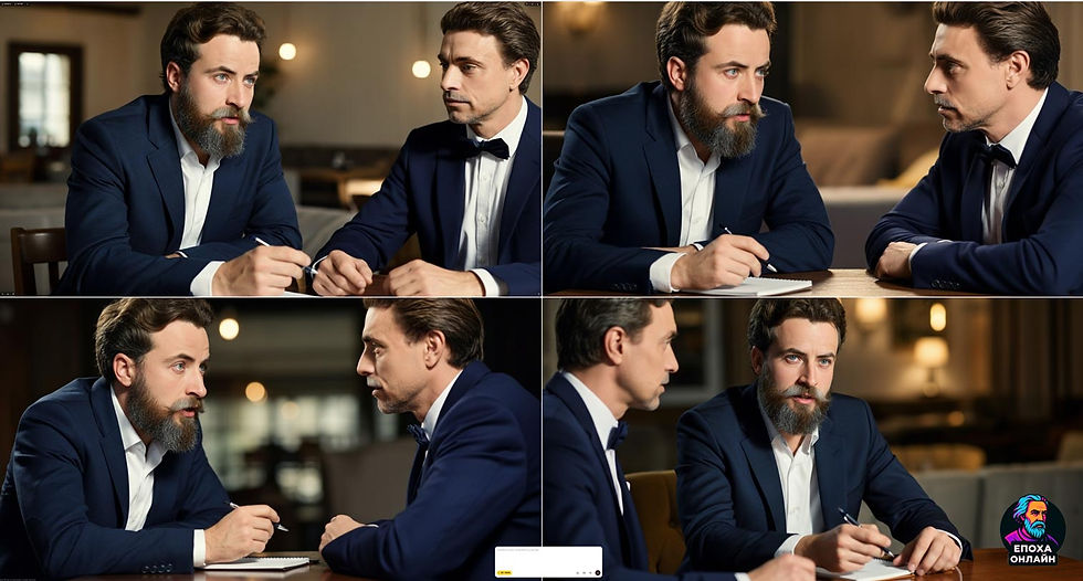 Behind-the-scenes look at two men discussing creative direction for an AI video production.