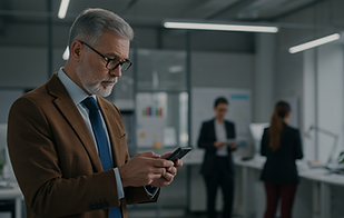 Consultant senior en costume regardant la bourse sur son smartphone, open space moderne, collègues flous en arrière-plan