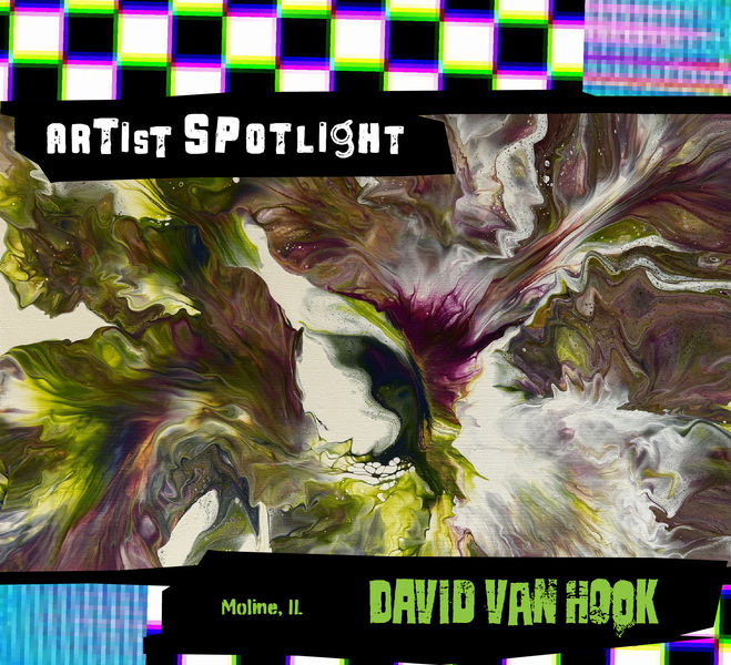 Artist Spotlight with a photo of a flower-like abstract painting in green, purple and white with artist name, David Van Hood