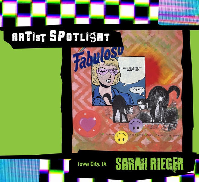 Artist Spotlight with a photo of a collage of a woman on a chair with artist name, Sarah Rieger