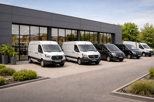 Exterior of a modern van and commercial vehicle dealership with multiple vans displayed outside