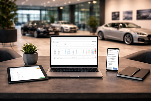 Automotive compliance software displayed across laptop tablet and mobile devices in a car dealership showroom