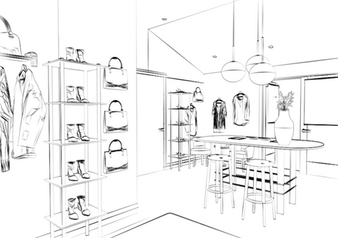 Minimalist line drawing of a fashion boutique interior.