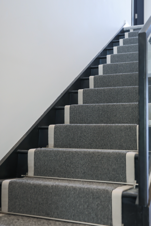 Gray carpeted stairs with white walls.