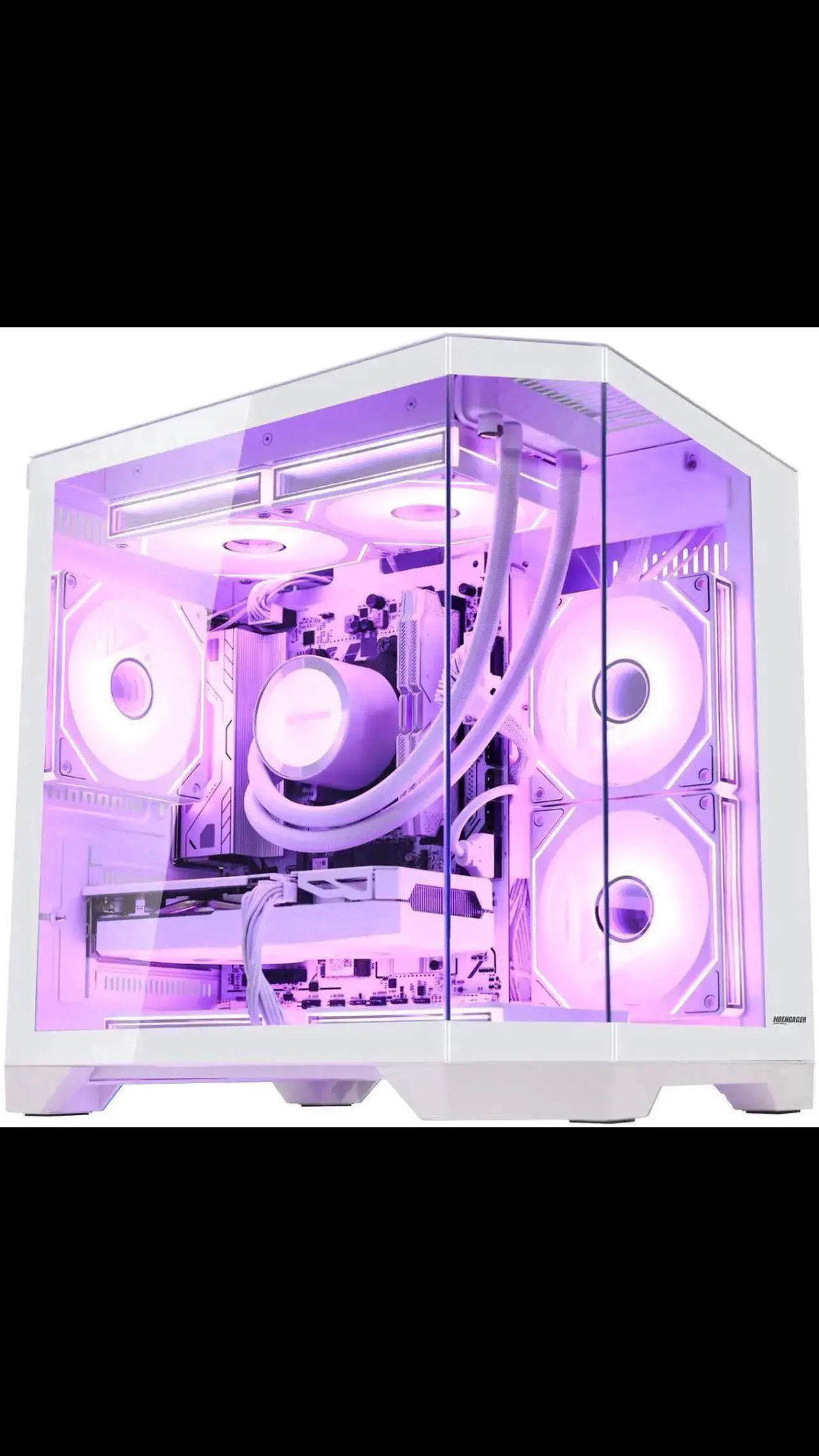 White gaming PC with purple internal lighting
